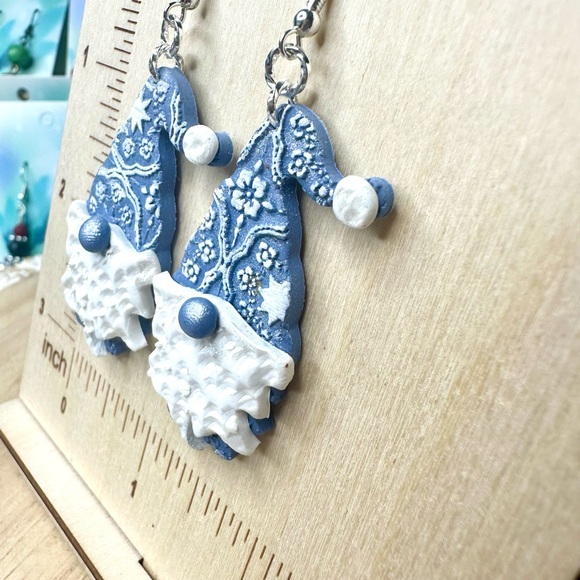 Winter Wonderland Collection Hand crafted Blue Gnome Polymer Clay Earrings - Picture 3 of 4